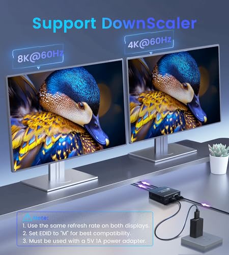 HDMI 2.1 Splitter 1 in 2 Out 8K@60Hz w/ 4ft 8K HDMI Cable, HDCP 2.3 4K@120Hz HDMI Audio Splitter for Soundbar, Support VRR, ALLM, HDR10+, Dolby Vision/Atmos 7.1ch, Down Scaler, 48Gbps for PS5