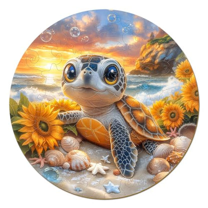 Ocean Animal Wooden Puzzles for Kids - Sea Turtle (11.4 * 11.4 in) | 50 Piece Puzzles for Kids Ages 6-8, Kids Puzzles with Unique Animal Shapes, Round Gift for Girls and Boys - color: Sea Turtle