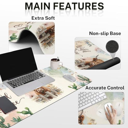 Arttown Keyboard Mouse Pad Set, 4 in 1 Desk Mat Set Cow Boho | Cactus Western Bohemian Large Mousepad+Keyboard Wrist Rest+Mouse Wrist Rest+Coaster Ergonomic Design for Home Office Computer - color: Cactus Cow