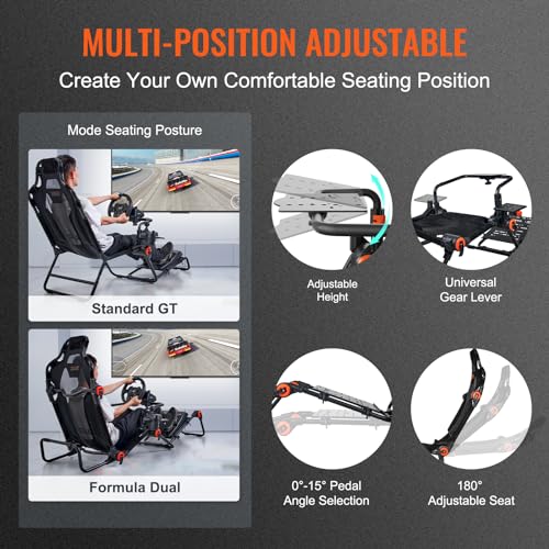 VEVOR Racing Wheel Stand Foldable Fit for Logitech,Thrustmaster,Fanatec,Hori,Mad Catz, Carbon Steel Driving Simulator Cockpit Adjustable Pedal & Dual-Mode Seating,Fit Most Steering Wheels and Pedals