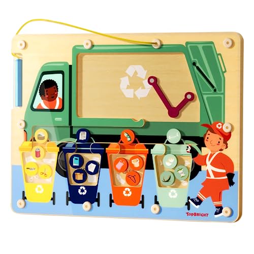 TOP BRIGHT Magnetic Garbage Sorting Maze Toy, Wooden Montessori Fine Motor Toys for Kids 3-5, Toddler Portable Travel Magnetic Color Sorting Board Trash Recycling Game