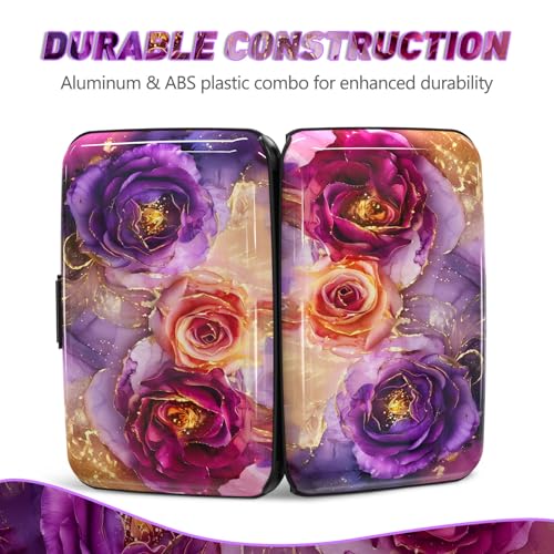 Credit Card Holder, Business Card Case Mini RFID Small Aluminum Card Wallet | Blocking Slim Metal RFID Blocking Front Pocket Wallet Hard Case Durable CC Holder for Women Girl, Purple Marble Flower - color: Purple Marble Flower