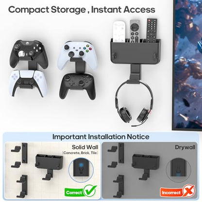 Controller & Headset & Remote Holder Wall Mount with No Drill, 2 Packs Gaming 4 Controllers Hanger Hook Mount for PS5/PS4/XBOX/Switch, Headphone Stand & Remote Control Holer Wall Shelf with Adhesives - size: 3 Packs