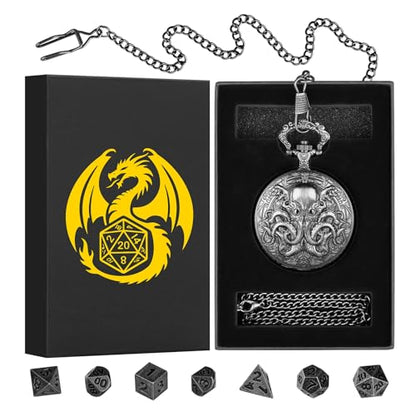 Mini DND Dice Set with Steampunk Double Eyed Octopus Pocket Watch Case, Tiny 7PCS Polyhedral Metal D&D Dice, DND Gifts with Gift Box, Role Playing Game Board Game Accessories Dice, Dark Silver - color: Dark Silver