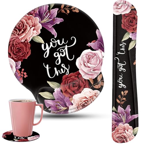 Keyboard Wrist Rest and Mouse Pad Wrist Support Set with Coasters,Ergonomic Gaming Mousepad for Home Office Working Studying Easy Typing & Pain Relief,You Got This Adorable Peony Flower - color: You Got This Adorable Peony Flower, size: 3 PCS