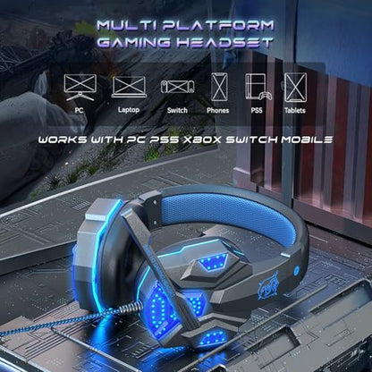 Stereo Gaming Headset for PS4 PC Xbox One PS5 Controller, Noise Cancelling Over Ear Headphones with Mic, LED Light, 7.1 Surround Sound, Soft Memory Earmuffs for Nintendo Xbox Series X|S-Black/Blue - color: Black/Blue