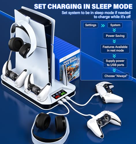 PS5 / PS5 Slim Cooling Station with Controller Charging Station for PlayStation 5 Console Disc/Digital, Cooling Stand for PlayStation 5 Slim with Cooler Fan Accessories with 3 USB Hubs/Headset Holder - color: White