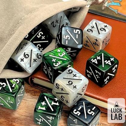 Luck Lab MTG Magic Life Counter Dice - 48 PCS Compatible w/Magic Card Game Accessories, CCG Creature Stats w/ 2 Dice Bags (Green Swirl, White Pearl, Black Pearl) - color: Green Swirl, Green Swirl, White Pearl, Black Pearl