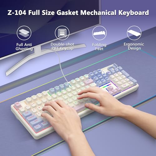 E-YOOSO Creamy Mechanical Gaming Keyboard Wired, Full Size, White Pink | Gasket Structure with Sound Dampening Foam, Led Backlit, Hot Swappable, Pre-lubed Linear Switches, Custom Keyboard for PC/Mac - color: White Pink Purple