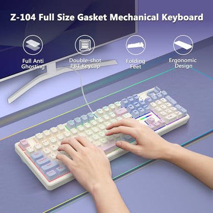 E-YOOSO Creamy Mechanical Gaming Keyboard Wired, Full Size, White Pink | Gasket Structure with Sound Dampening Foam, Led Backlit, Hot Swappable, Pre-lubed Linear Switches, Custom Keyboard for PC/Mac - color: White Pink Purple