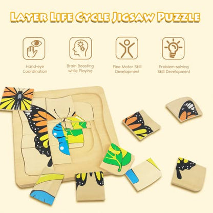 Montessori Wooden Puzzles for Kids Ages 4-8, 4 Layer Life Cycle of Butterfly Jigsaw Puzzle for Toddlers, Children Preschool Learning Educational Puzzles Spring Toys Gift for Boys and Girls (Butterfly) - style: Butterfly