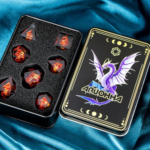 ARUOHHA DND Resin Dice Gazes Eye Dice Liquid Core Flaming RPG Sharp Edged Dice Set with Gift Box, Polyhedral D and D Dice Set Compatible with Dungeons Dragons Role Playing Game D20 D12 D10 D8 D6 - color: Sl01-black
