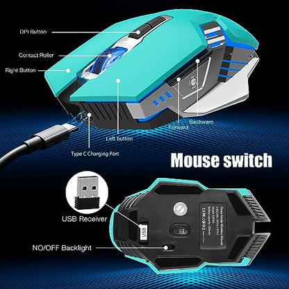 Bluetooth Wireless Mouse Rechargeable 3 Device Connection with LED Backlit | Quiet Click, Ergonomic, 7 Buttons, 3-Mode(2.4G/BT5.0/BT3.0), RGB Gaming Computer Mice for Laptop PC MacBook - Mint Green - color: Mint Green
