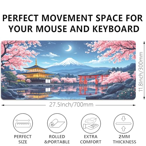 Cherry Blossom Large Mouse Pad Desk Pad, 27.5x11.8in Mount Fuji Keyboard Mouse Mat with Stitched Edges, Waterproof Non-Slip Rubber Base for Office Laptop Computer Home - color: Mount Fuji Cherry Blossom Moon