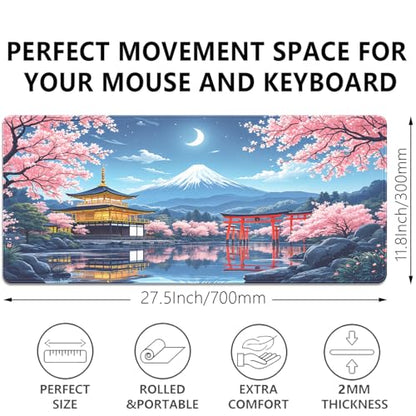 Cherry Blossom Large Mouse Pad Desk Pad, 27.5x11.8in Mount Fuji Keyboard Mouse Mat with Stitched Edges, Waterproof Non-Slip Rubber Base for Office Laptop Computer Home - color: Mount Fuji Cherry Blossom Moon