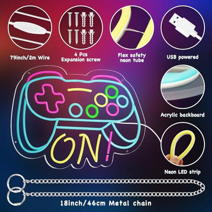 Gamer Neon Sign for Boys Gaming Room Bedroom Wall Decor, Gifts for Teen Kids, Video Game LED Light for Men, Gamepad Shaped Dimmable USB Powered Neon Lamp Game Room Accessories (16 X 12.5 inches)