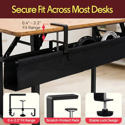 Pyle 48" Under Desk Cable Management Tray, Under Desk Wire Organizer with Clamp or Screw Mount, Desk Cable Organizer with Fabric Design for Large Workstations, Built-in Ties, 20 lb Capacity, Black - size: 48"