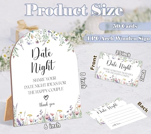 51 Pc Wildflower Date Night Ideas Game, Boho Flowers Bridal Shower Game, 6x8 Inch Arch Wooden Sign with Stand and 50 Date Night Cards, Wedding Shower Decor - YHZ06 - color: Wildflower06