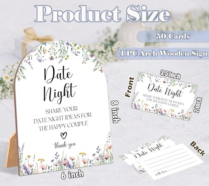 51 Pc Wildflower Date Night Ideas Game, Boho Flowers Bridal Shower Game, 6x8 Inch Arch Wooden Sign with Stand and 50 Date Night Cards, Wedding Shower Decor - YHZ06 - color: Wildflower06