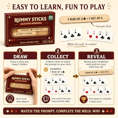 Rummy Sticks Card Game Set with 50 Sticks, for 2-8 Players, Portable Travel Game with Box and Instructions for Family Game Night and Gatherings