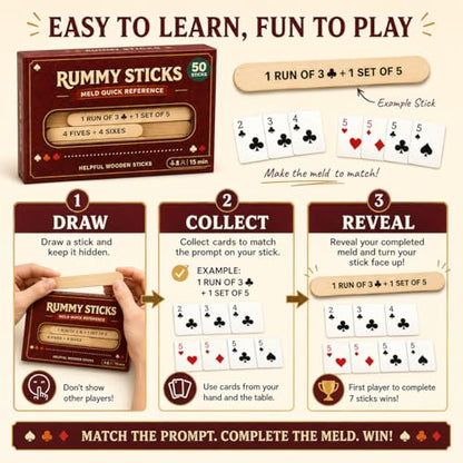 Rummy Sticks Card Game Set with 50 Sticks, for 2-8 Players, Portable Travel Game with Box and Instructions for Family Game Night and Gatherings