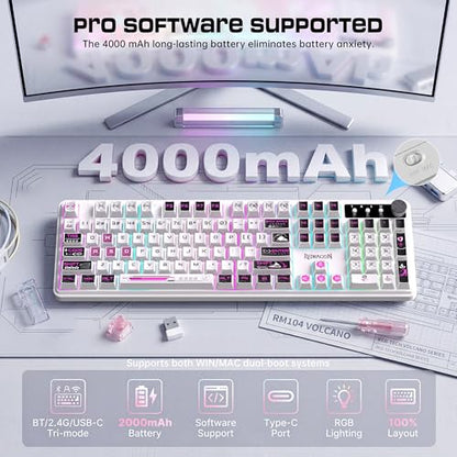 Redragon RM104 Wireless Keyboard with Knob, Tri-Mode BT/2.4G RGB Computer Keyboards, 4000mAh Battery, Programmable Software Support, Anti-Ghosting, Compatible with PC Mac - Pink & White - color: Pink & White