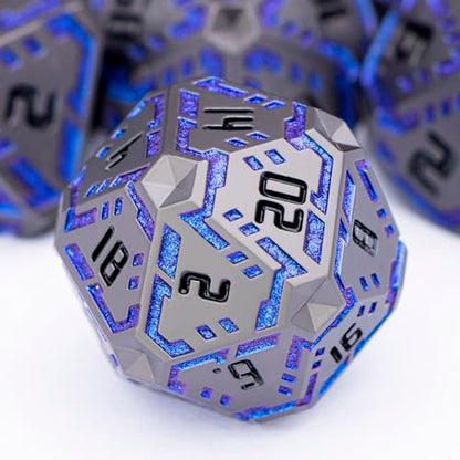 Metal DND Sci-fi Dice Set 7PCS Stripe Polyhedral Dice for Dungeons Dragons RPG Role Playing Game, Glitter D and D Dice with Gift Box D6 D8 D10 D12 D20 (Black&Blue Purple) - color: Black - Blue Purple