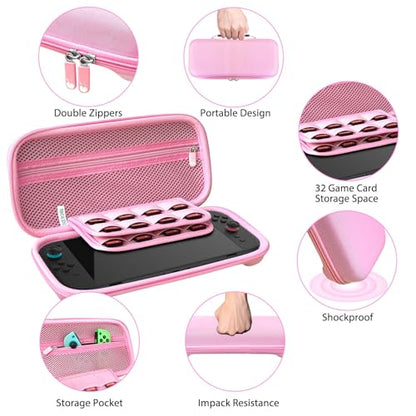RAVEtone Travel Carrying Case Compatible with Nintendo Switch 2 Model 2025, Large Capacity Premium EVA Portable Hard Shell Pouch Waterproof Game Bag with 32 Game Cartridge Accessories (Pink) - color: Pink, style: Large