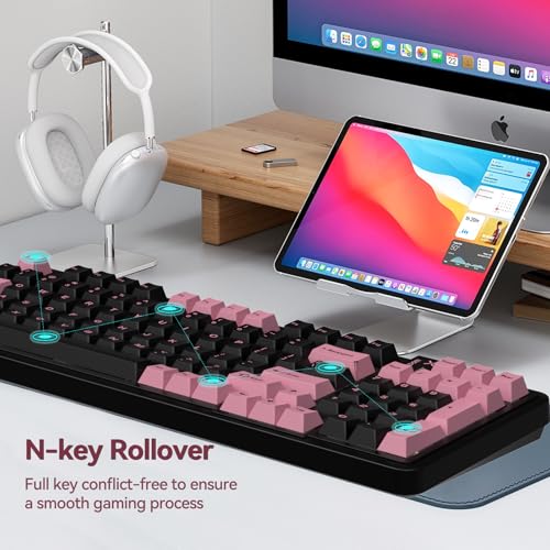 AUSDOM 98Pro Wireless Mechanical Keyboard, Tri-Mode BT/2.4GHz/USB-C Hot Swappable Custom Gaming Keyboard with Backlit, Gasket Structure, Linear Switches for Windows/Mac/PC (Clicky Sound) - color: Pink