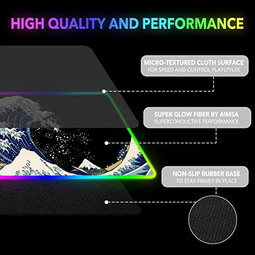 RGB Gaming Mouse Pad Large, AIMSA Keyboard Led Mousepad Extended 35.4 x 15.8 inch Non-Slip Rubber Base with 14 Lighting Modes, Big Desk Mat Waterproof, Big Waves - color: Big Waves