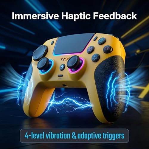 ThinTree Wireless Controller Compatible for PS-5/Pro/Slim/PC, Gradient Color RGB mode/haptic feedback/1000 mAH battery/Motion Sensing/3.5mm Audio Jack (Yellow) - color: Yellow