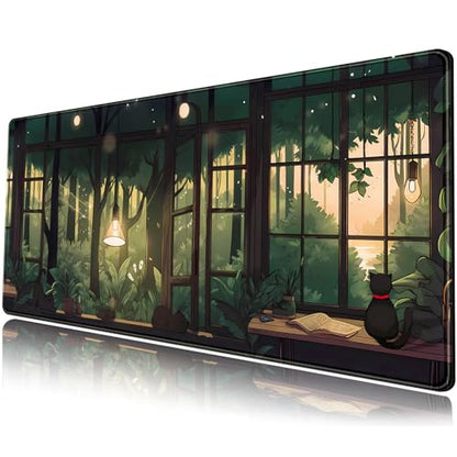 Cute Lofi Desk Mat Green Plants Mouse Pad Large Black Cat Aesthetic Desk Pad Kawaii Anime Extended Gaming Mousepad XL Laptop Keyboard Mouse Mat Deskmat 31.5"x11.8" Cute Office Decor - color: Green Plants