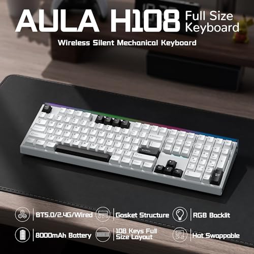 Aula H108 Wireless Mechanical Keyboard, Hot Swappable Silent Keyboard, Full Size Keyboard with Number Pad, Gasket Structure, RGB Backlit Computer Gaming Keyboard with PBT Keycaps for PC/Office - color: White Black