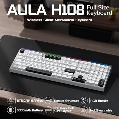 Aula H108 Wireless Mechanical Keyboard, Hot Swappable Silent Keyboard, Full Size Keyboard with Number Pad, Gasket Structure, RGB Backlit Computer Gaming Keyboard with PBT Keycaps for PC/Office - color: White Black