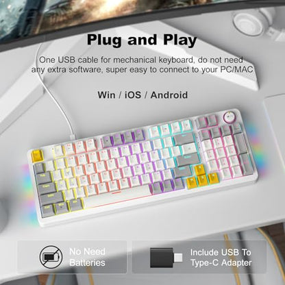 GEEZER AK96 Mechanical Gaming Keyboard, Pre-Lubed Red Switches, 96 Keys Full Size with LED Colorful Backlit, Clicky Creamy Sound, USB Wired Computer Keyboard with Volume Knob for PC, Mac, Windows