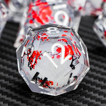 ARUOHHA DND Resin Dice Plum Blossom Liquid Core White Sharp Edge Dragons Polyhedral Dice Set with Gift Box, Compatible with D&D Role Playing Game Dungeons D and D Dice Set D20 D12 D10 D6 - color: Flower&silvery White