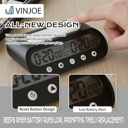 VINJOE Chess Clock Digital Chess Timer Professional for Board Games,Portable Digital Chess Clock & Game Timer with Basic,Bonus,Delay and Positive Time Features with Alarm Function Best Gifts
