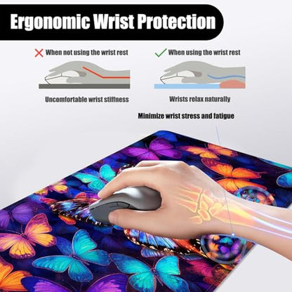 Mouse Pad,Large Desk Mat Set, 4in1 XL Mousepad + Keyboard Wrist Rest+Mouse Wrist Rest+Coaster with Ergonomic Desk Pad for Home Office Table Computer Cover -Colorful Butterfly - color: Colorful Butterfly