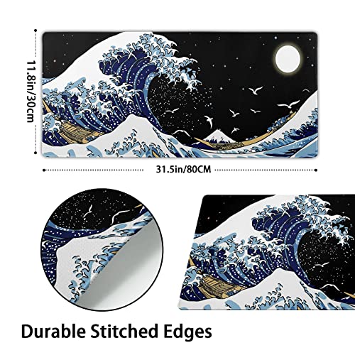 Kanagawa Surfing and Black Mouse Pad, Large Gaming Mouse Pad,Japanese Wave Desk Mat,Laptop Mousepad Non-Slip Rubber Desk Pad Keyboard Waterproof for Computer Desk Mat 11.8x31.5 in - color: Kanagawa Surfing, size: 11.8" x 31.5"