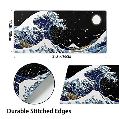 Kanagawa Surfing and Black Mouse Pad, Large Gaming Mouse Pad,Japanese Wave Desk Mat,Laptop Mousepad Non-Slip Rubber Desk Pad Keyboard Waterproof for Computer Desk Mat 11.8x31.5 in - color: Kanagawa Surfing, size: 11.8" x 31.5"