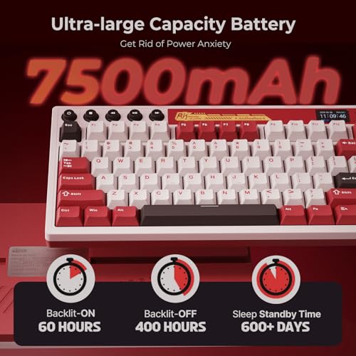 RK ROYAL KLUDGE M87 Wireless Gaming Keyboard with Screen & Dual Knobs, Red | Bluetooth/2.4G/Wired, Hot Swappable Cream Switches, 5-Layer Noise Dampening Gasket Structure,Compact 75% Size for PC/WIN/Mac - color: Red