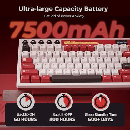 RK ROYAL KLUDGE M87 Wireless Gaming Keyboard with Screen & Dual Knobs, Red | Bluetooth/2.4G/Wired, Hot Swappable Cream Switches, 5-Layer Noise Dampening Gasket Structure,Compact 75% Size for PC/WIN/Mac - color: Red