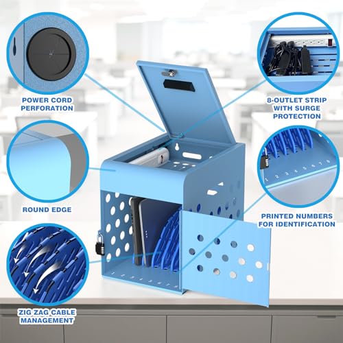 POCHAR 8-Unit Charging Cabinet for Chromebooks & Tablets Up to 14" Screens | Laptop Lock Box for iPads with Cable Management - Portable Locking Charging Station for Classroom, Office, Hospital, Blue - size: 8 Chromebooks/Laptops