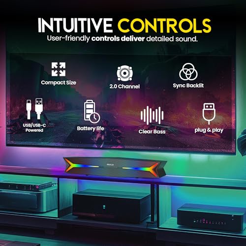 Desktop Soundbar for Computer 15.5 Inches | Bluetooth Soundbar with RGB LED Lights | Clear Bass | AUX, USB, USB-C | Soundbar for Projectors, TVs, Smartphones, Gaming Consoles, & Laptop