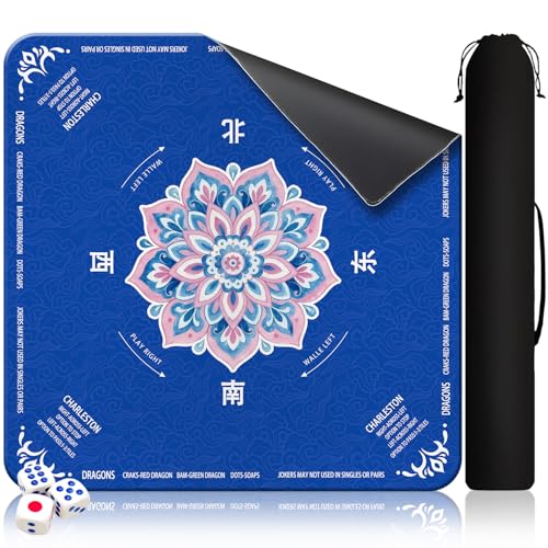 GreenD Mahjong Mat for Table 31.5"x31.5" Rubber American Mahjong Mat with Rules, Non Slip Noise Reduction Game Table Cover with Dice and Bag for Mahjong, Poker, Board, Card, Tile Games（Blue ）