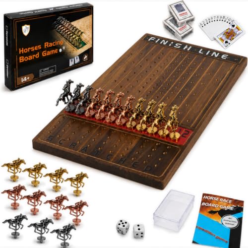 Jyquorp Horse Race Board Game Wooden Kentucky Derby Party Game Set with 11 Metal Horses, 2 Dice & 2 Card Decks, Large Solid Wood Horse Racing Board Game for Family & Adults (15.6" x 10") - color: Rustic Brown, style: 15 Inch Rectangle