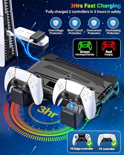 Cooling Station with Controller Charging Station for PS5/Slim/Pro Console | Cooling stand and Controller Charger Accessories for Playstation 5 - LED Light, Turbo Fan, Headset Holder, 3 USB Hub, Black - color: Black