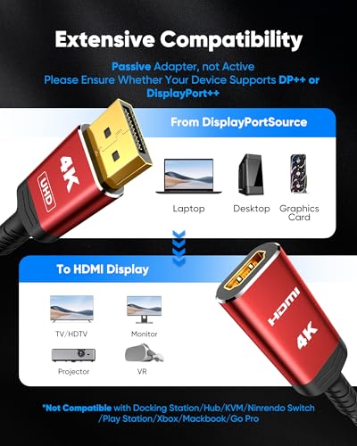 Highwings 4K DisplayPort to HDMI Adapter, Unidirectional DP 1.2 to HDMI 1.4 | Uni-Directional DP 1.2 Computer to HDMI 2.0 Screen, Display Port to HDMI Adapter Male to Female for Dell HP AMD, Passive - color: Red, style: 4K 30Hz-1 Pack