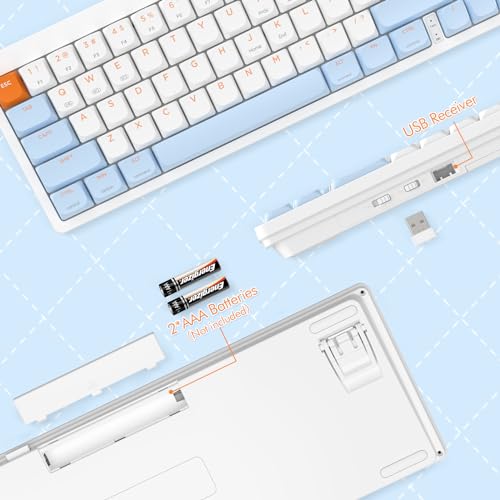 A.JAZZ AKL680 65% Low Profile Wireless Mechanical Keyboard, BT/2.4Ghz Dual Mode 68 Keys Gaming Keyboard with Ultra-Thin Red Switches for PC/Laptop/Windows/Mac(Blue/White) - color: Blue/White/Red Switch