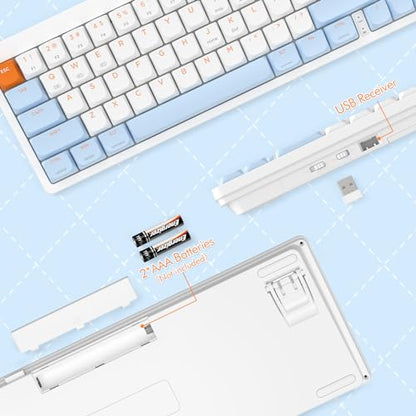 A.JAZZ AKL680 65% Low Profile Wireless Mechanical Keyboard, BT/2.4Ghz Dual Mode 68 Keys Gaming Keyboard with Ultra-Thin Red Switches for PC/Laptop/Windows/Mac(Blue/White) - color: Blue/White/Red Switch